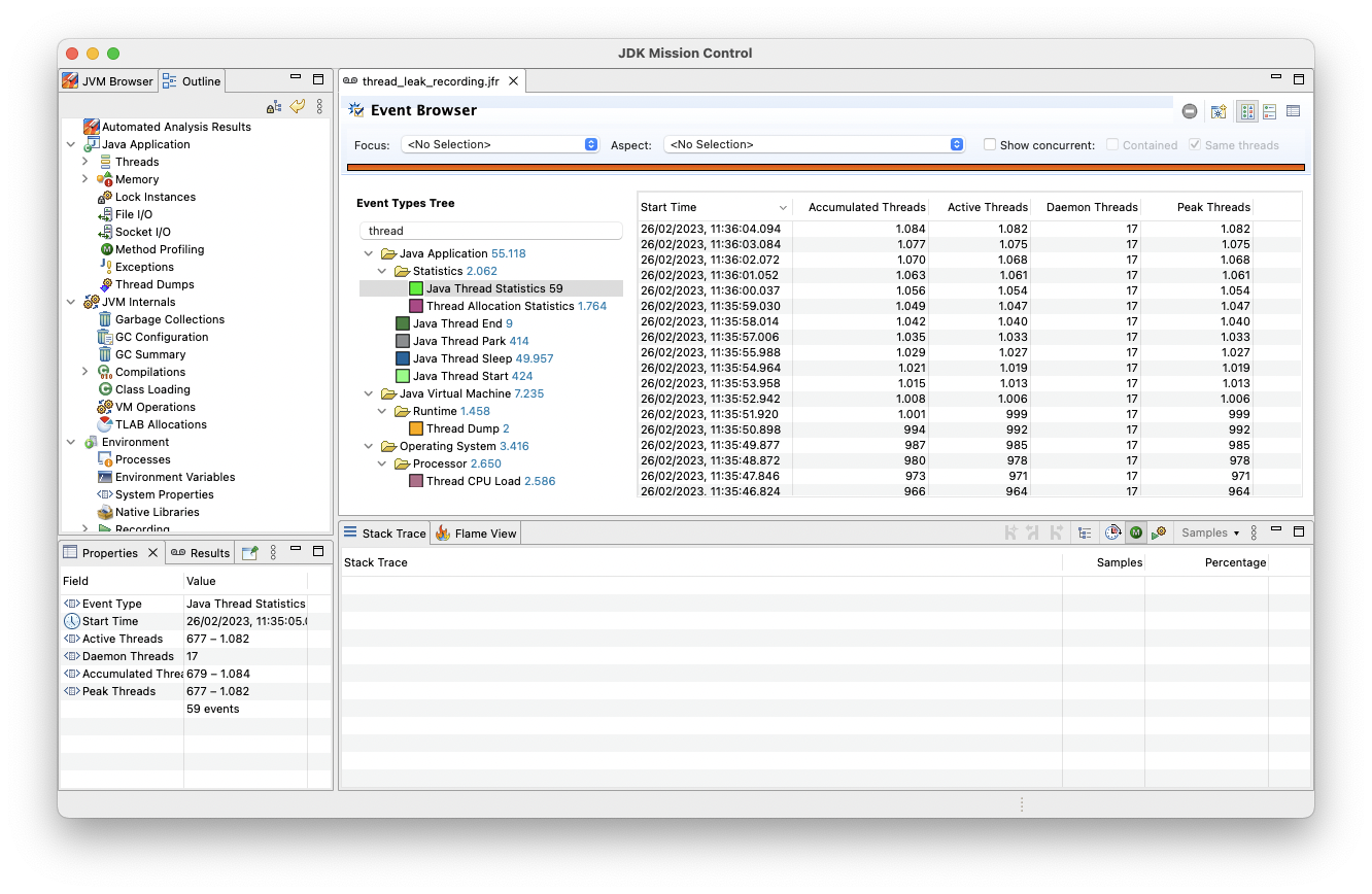 `jdk.JavaThreadStatistics` Events in JDK Mission Control