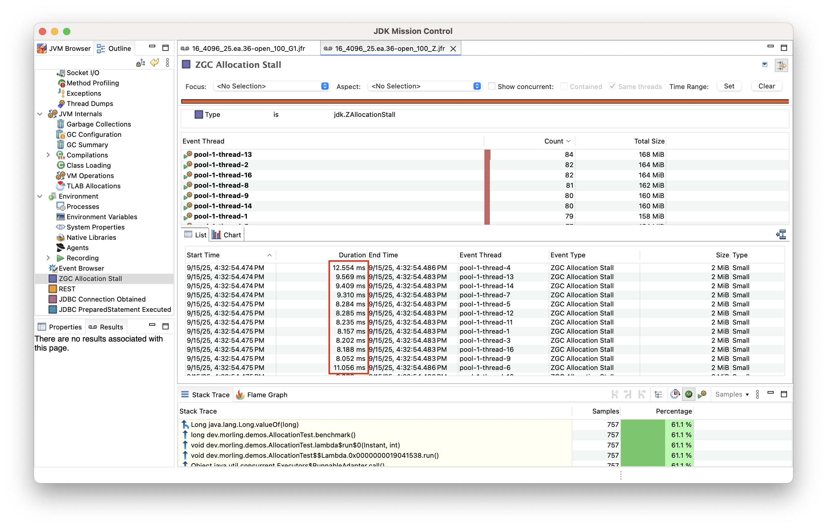Observing ZGC allocation stalls in JDK Mission Control